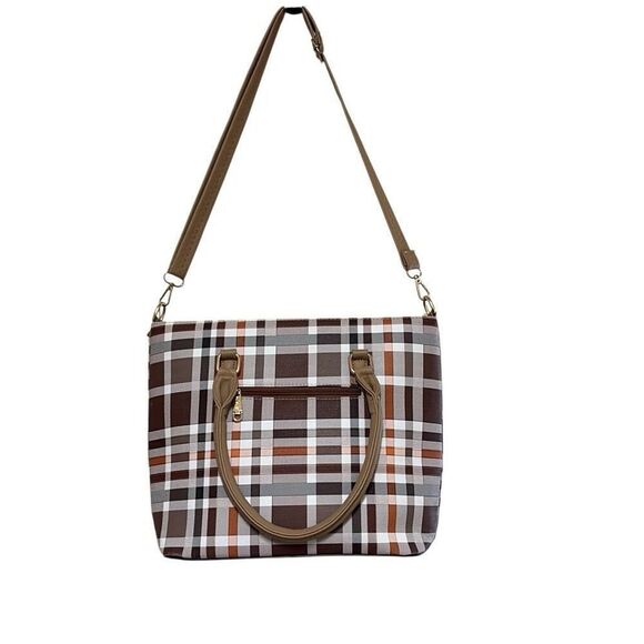 Kate Hill Brown Plaid Crossbody Shoulder Convertible Adjustable Handbag Purse - Picture 2 of 10